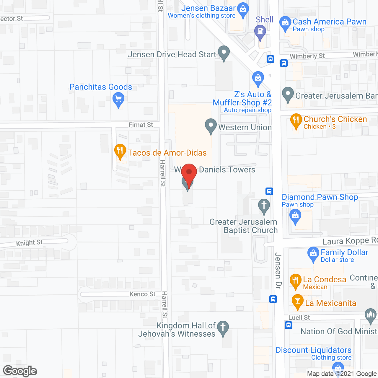 W Leo Daniels Towers in google map