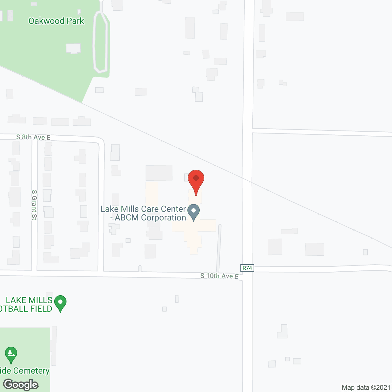 Mills Harbour and Lake Mills Care Center in google map