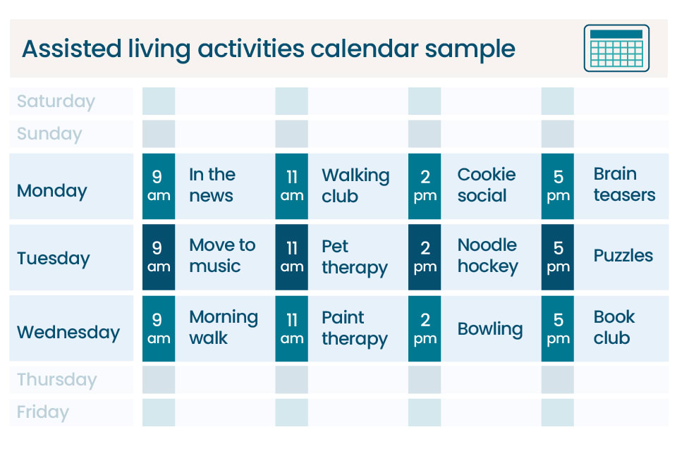 A sample calendar of assisted living activities.