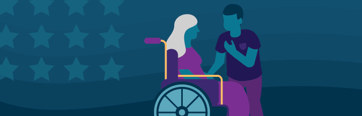 Illustration of caregiver aiding a veteran in a wheelchair. Subtle patriotic background.