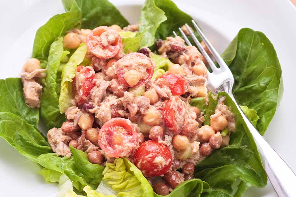 Tuna salad with cherry tomatoes and chickpeas over greens