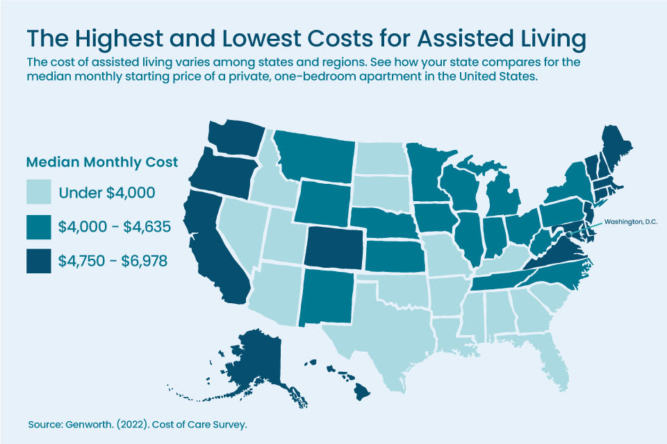 A map showing the cost differences of assisted living between states in the US