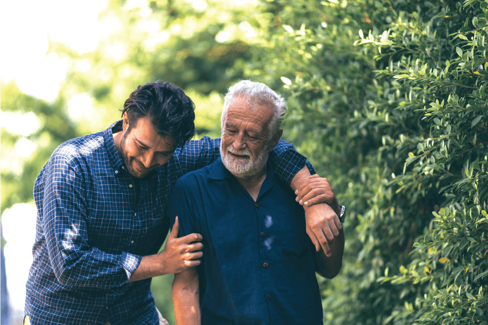 Adult son enjoys time with his father who has dementia