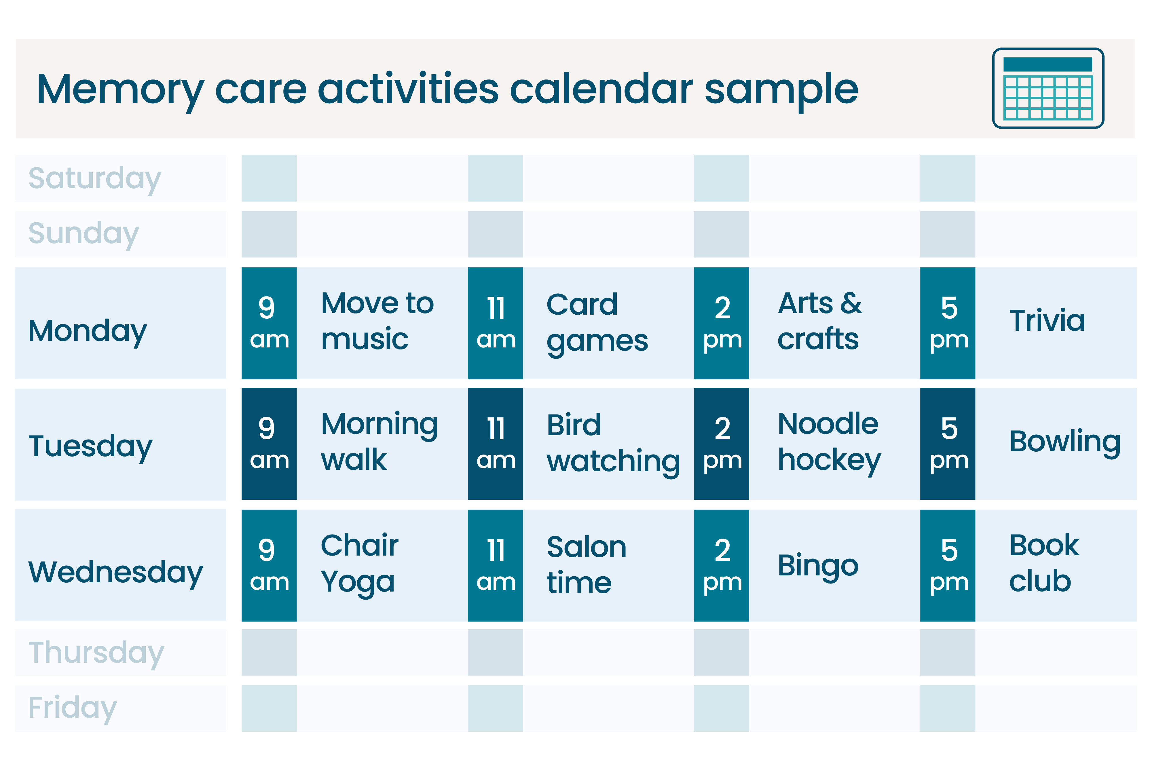 A sample calendar of memory care activities.