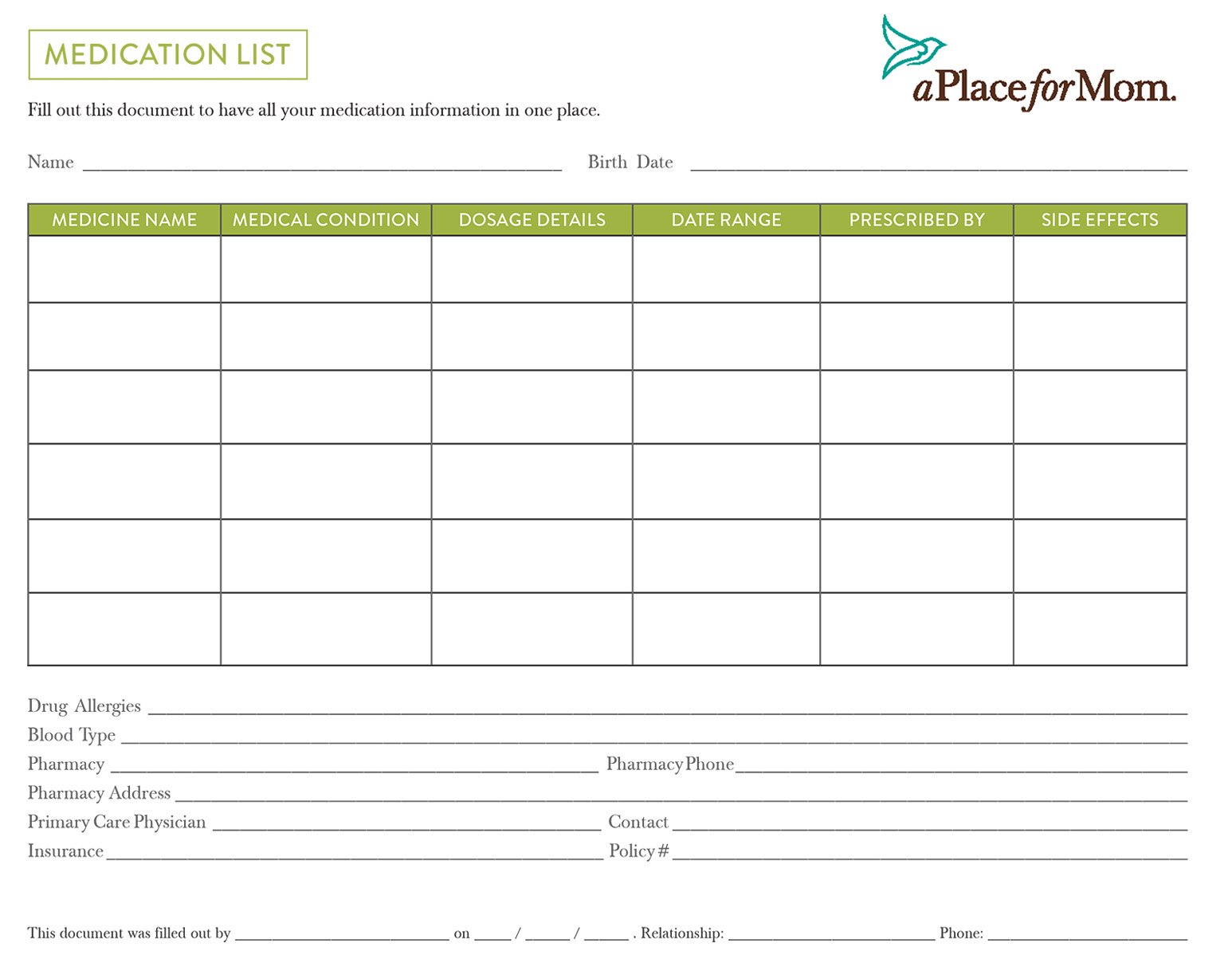 Medication List – A Place for Mom